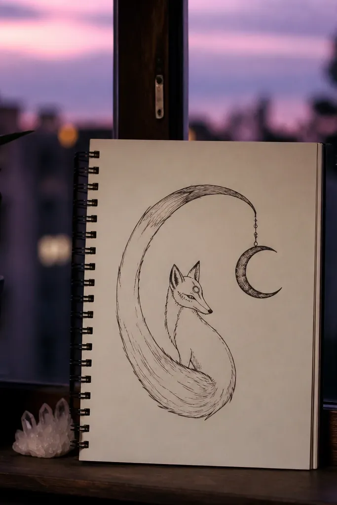 Fox face with a crescent moon shape formed by the tail arc