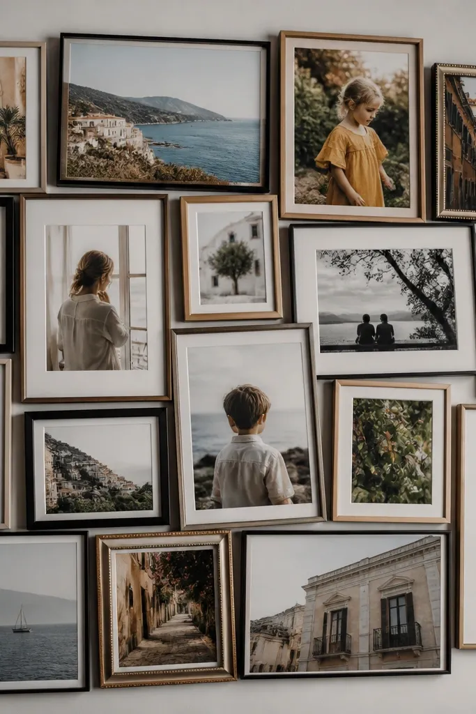 A wall photo collage with multiple frames lined up very close together; the gaps between frames are tiny, showing uneven spacing and a slightly messy cluster effect. The frames are different widths and some tilt slightly.