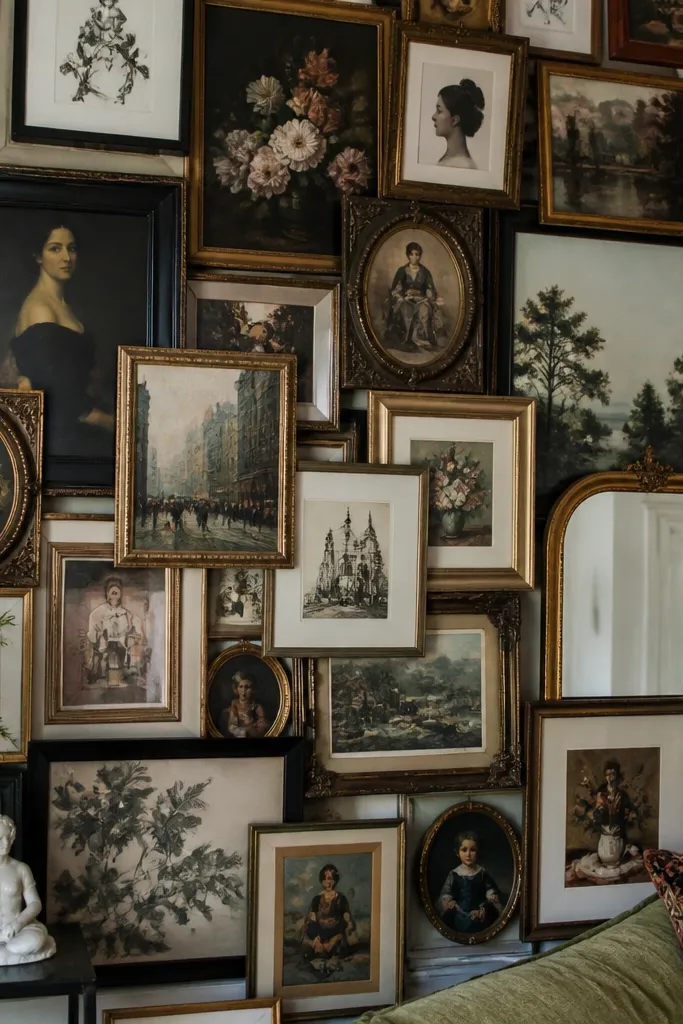 A busy wall collage where too many frames are crammed into a small area. The frames overlap the wall art edges and the spacing is inconsistent, making it visually cluttered.