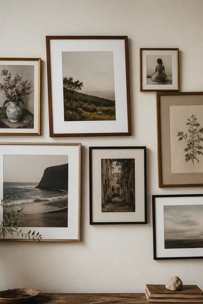 A collage where frames sit at slightly different vertical positions; the top edges line up poorly. The arrangement looks tilted when viewed straight on.