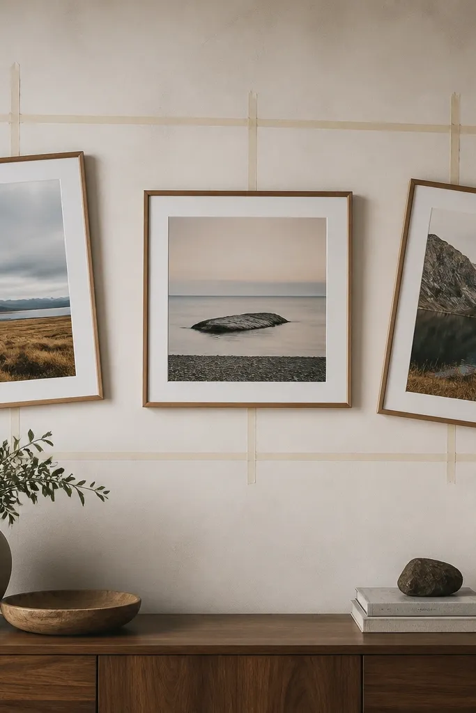 A collage where one frame is correctly level, but adjacent frames tilt. The wall has visible tape lines from attempted alignment.