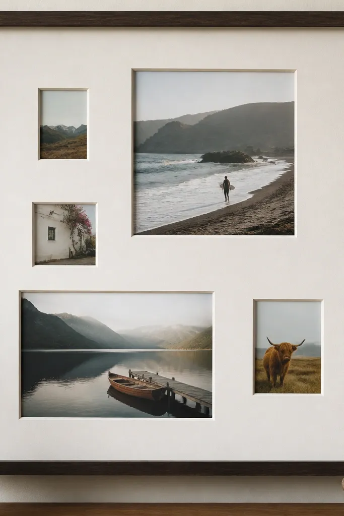 A framed collage where some photos are too small for the mat opening, leaving uneven white borders. The borders look different sizes between frames.