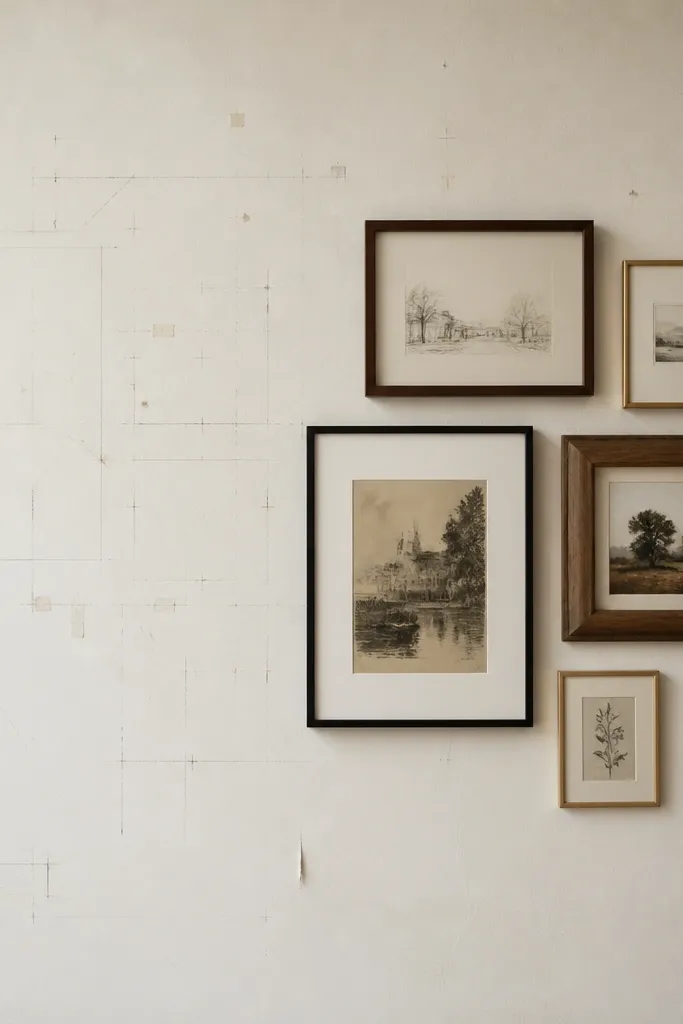 A wall with multiple pencil marks and tape remnants showing where frames were moved before final placement. The collage itself looks uneven compared to the earlier marks.