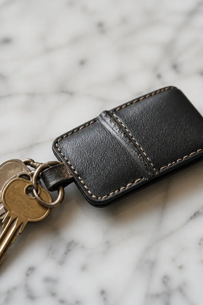 A small rectangular key fob made from black faux leather with a tan stitched edge. The fold line shows a visible crack and slight peeling where the strap bends. A few keys are clipped to it in the photo.