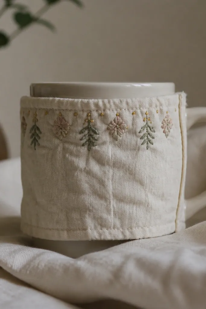 A cotton mug sleeve with a small embroidered pattern near the top. The fabric looks wrinkled and puckered around the embroidery, with slightly uneven seams and a loose opening at the bottom.