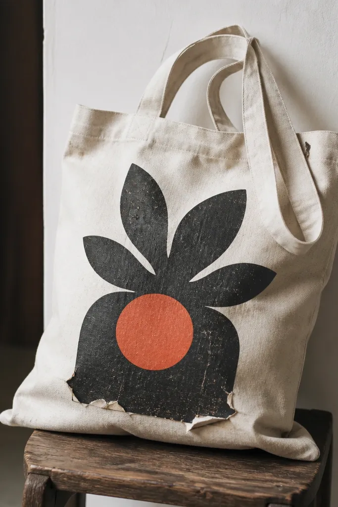 A canvas tote bag with a bold graphic printed on the front. The print edges look cracked and slightly lifted, with a few peeling corners near the bottom of the design.