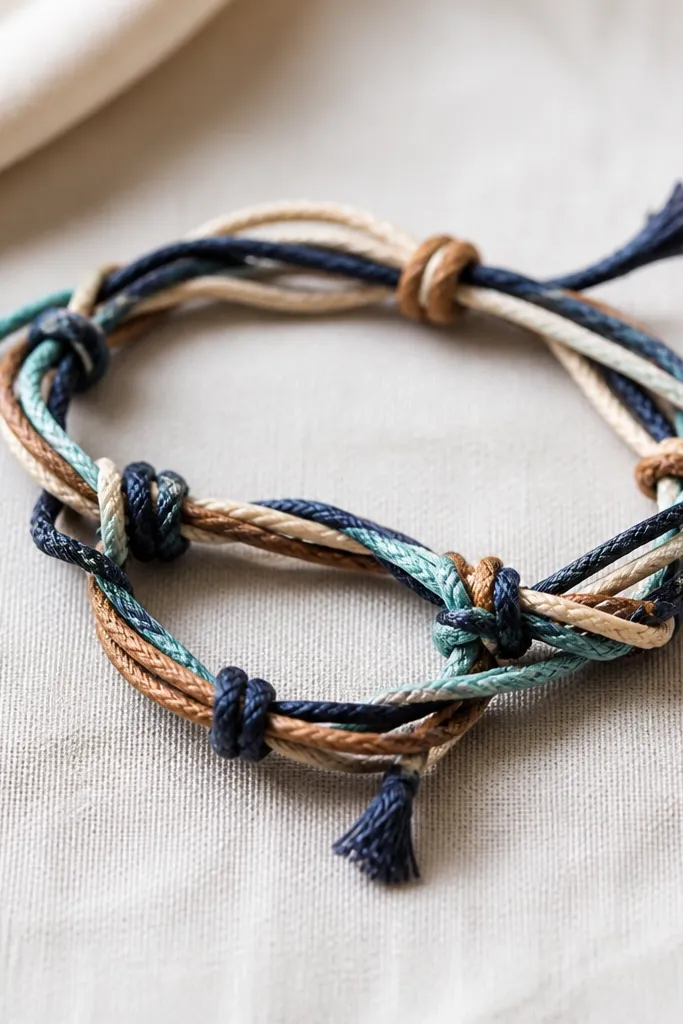 A braided bracelet made with several cords tied into knots. In the photo, the bracelet is twisted and tangled, with uneven knot spacing and frayed cord ends.