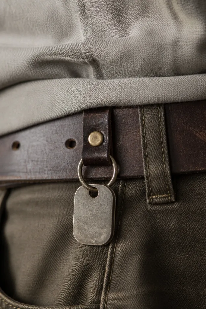 A small metal tag attached to a belt loop with a leather strip. The stamped text looks faint and partially worn, especially on the edges where it contacts the belt.