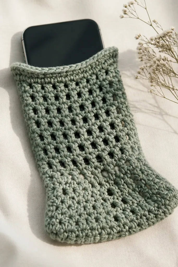 A crocheted phone cozy with loose stitches and a stretched opening. The fabric looks baggy around the bottom and the edges curve outward.