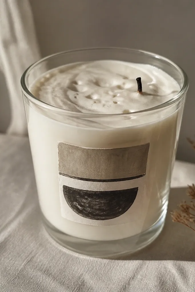 A clear glass candle jar with a rough, uneven top surface. The wick area looks off-center and there are small pits in the wax top. The label is handmade with marker.