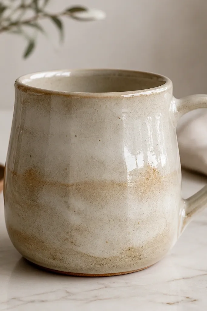 A handmade ceramic mug photographed on a light countertop. The belly area shows a faint brownish ring and uneven glossy patches, with small dull spots where glaze looks thinner. The rim looks shinier than the mid-body.
