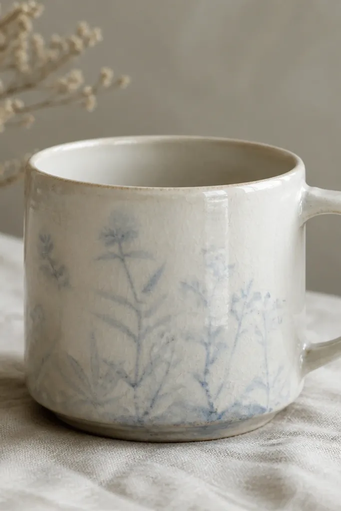 A mug with a faded-looking pattern under the glaze. The design appears slightly blurry and lighter than expected, and there are faint outlines visible in the clear glaze layer.