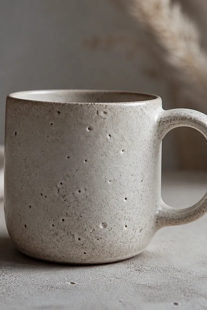 A mug with tiny pinholes and specks across the glaze surface, especially on the handle and lower belly. The glaze looks slightly cratered in spots.