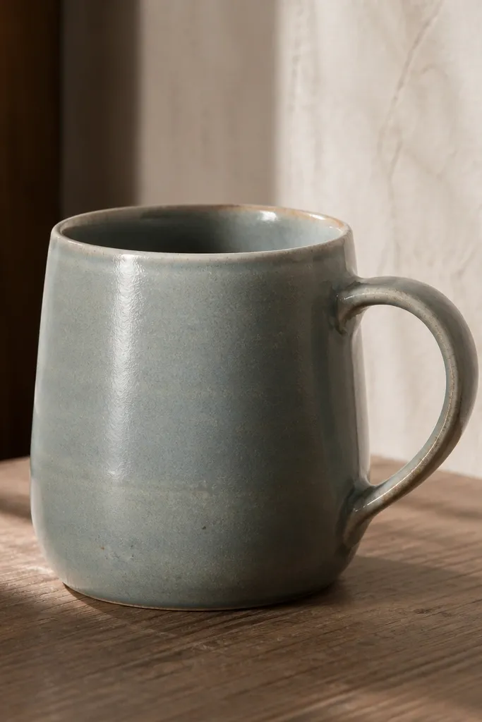 A mug with a satin-looking glaze that shows tiny scuffs and uneven texture. Under side lighting, you can see streaks where sanding marks stayed visible through the finish.