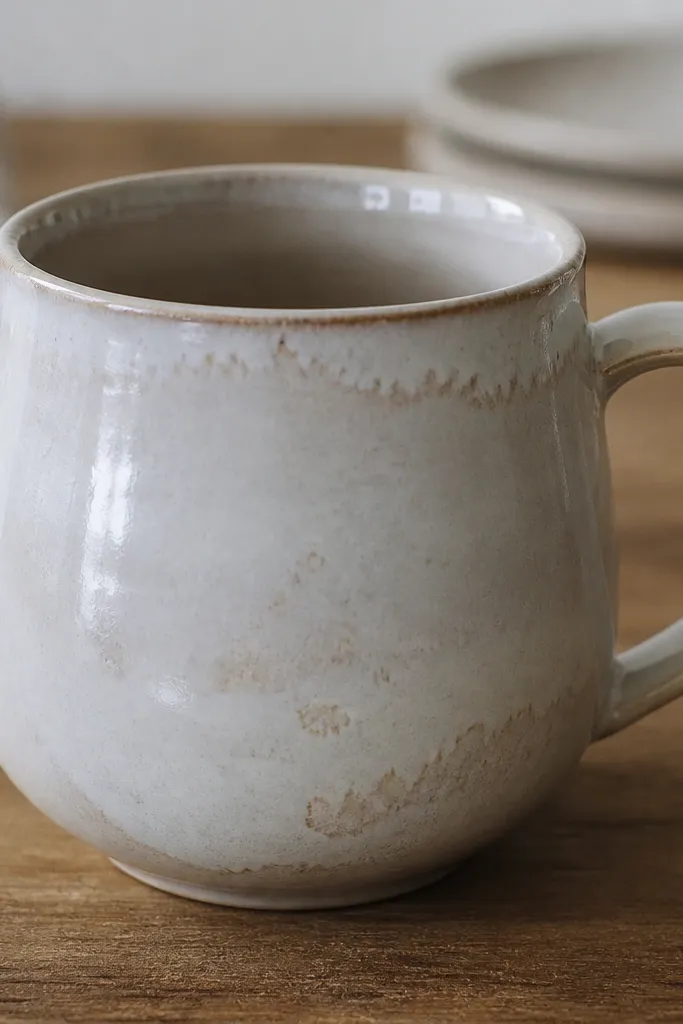 A mug with subtle hairline dull spots and uneven gloss right after use. The glaze looks slightly patchy near the rim and along the belly.