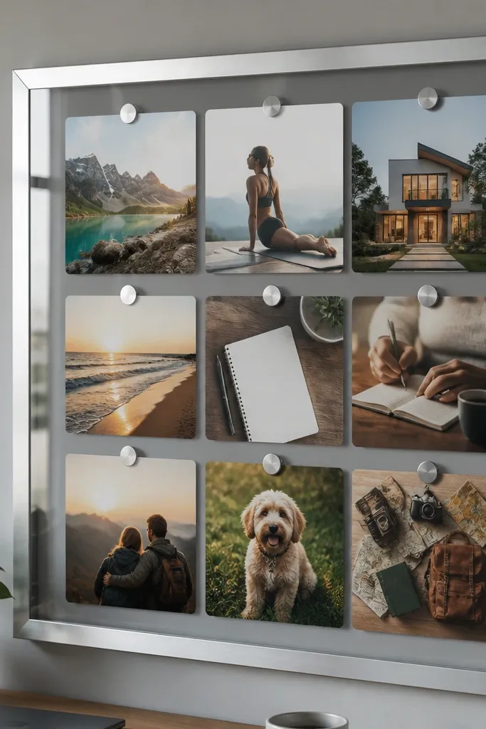 Small framed glass panel with magnetic strips holding photos and cards in a grid
