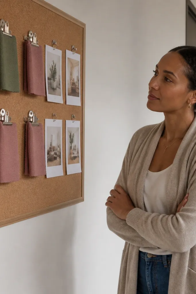 Cork board with cloth tabs and small clipped photos arranged in tidy rows