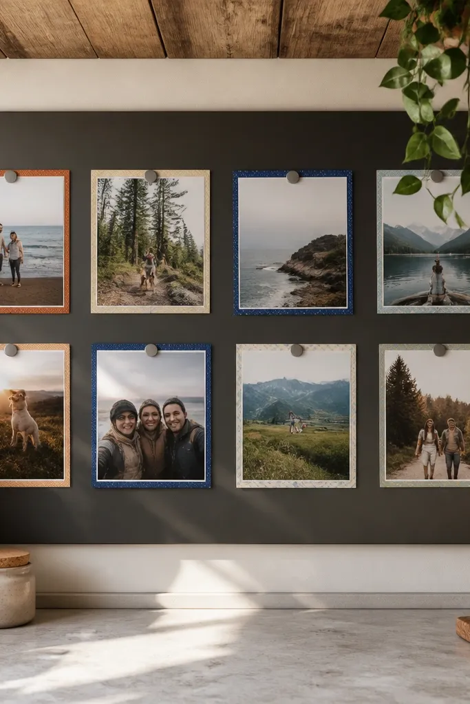 Magnetic sheet board with photos held by magnets and each outlined by washi tape