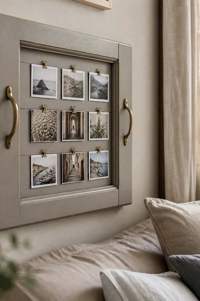 Old drawer front with painted goals and layered photos pinned behind a clear cover