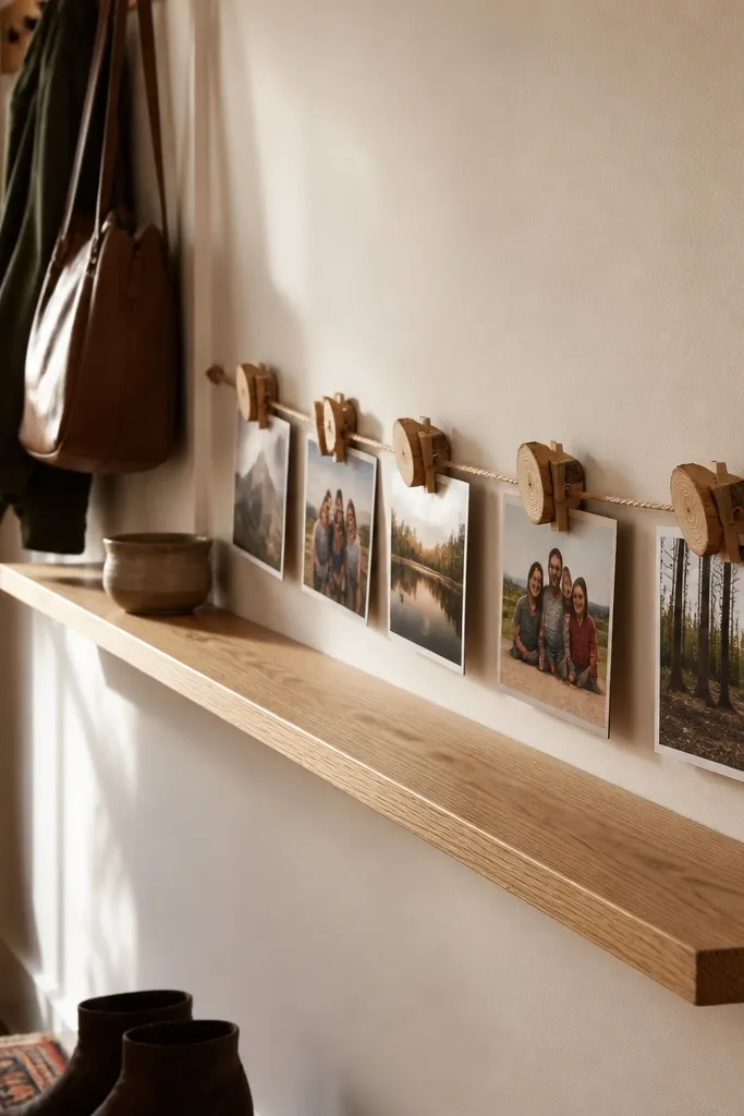 Small wall ledge holding photos clipped with wooden clothespins