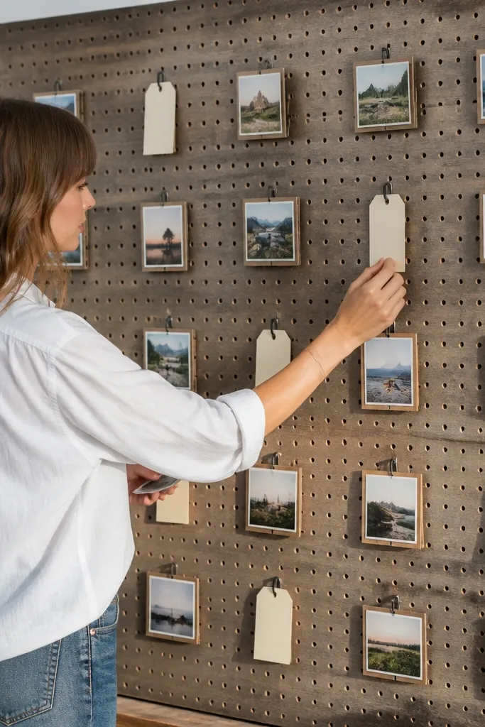 Pegboard wall with small frames hanging and labeled tabs tucked into hooks