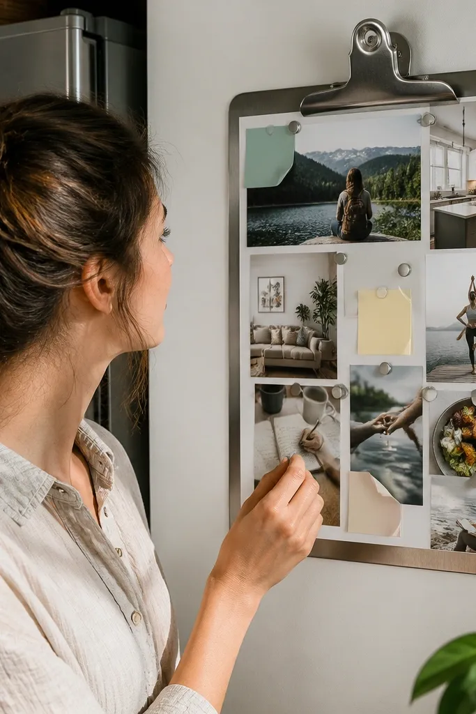 Wood clipboard panel with photos held by magnets and small corner note cards