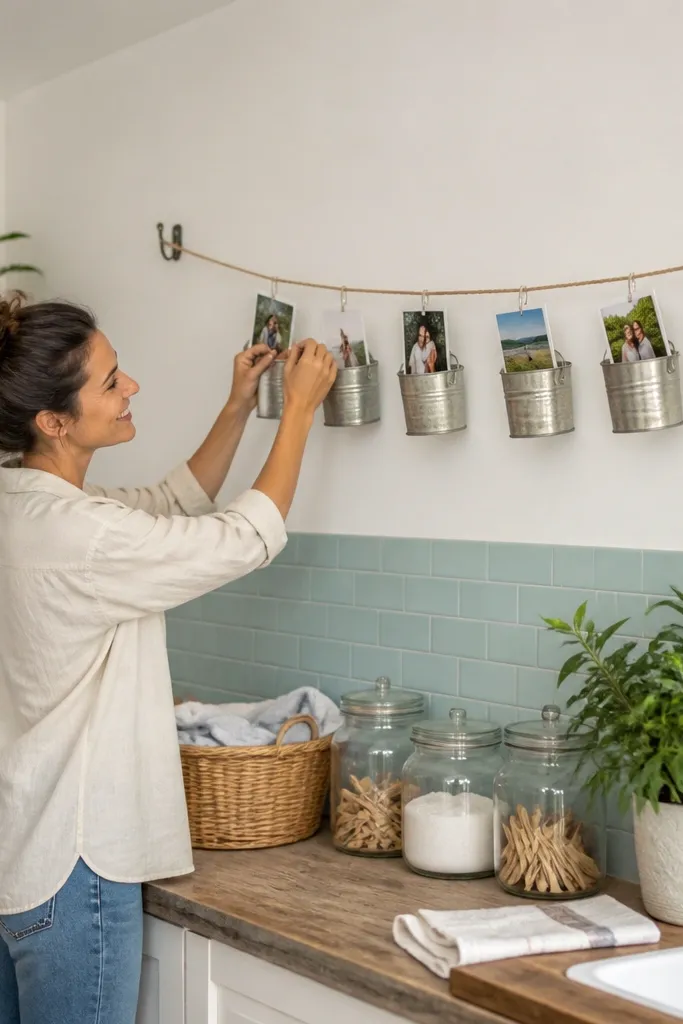 Small tin can holders on a rope line holding mini photos with clothespins