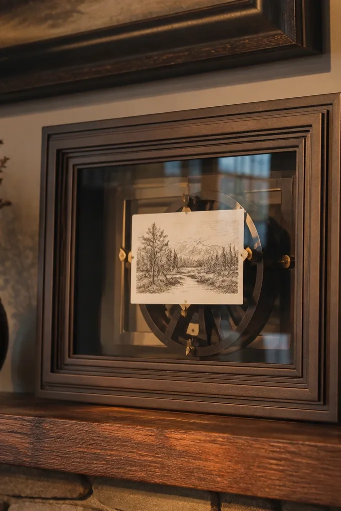 Shadow box with layered paper and small cards that rotate behind glass