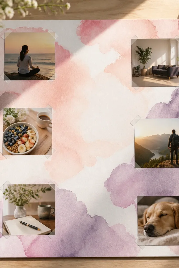 Watercolor wash backdrop with photos mounted using only corner adhesives