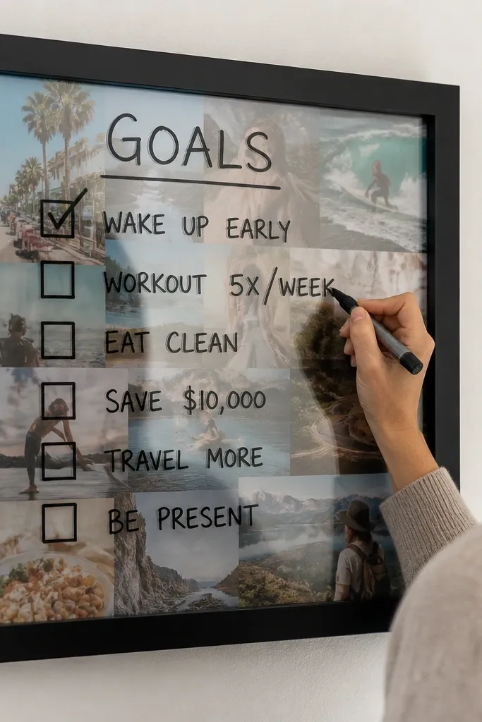 Old frame with clear plastic sheet and dry-erase goal icons arranged in rows