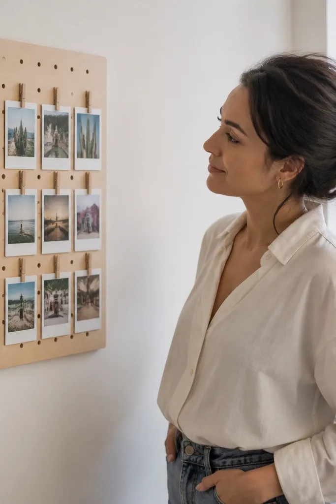 Mini pegboard grid with polaroid-style print strips clipped in rows