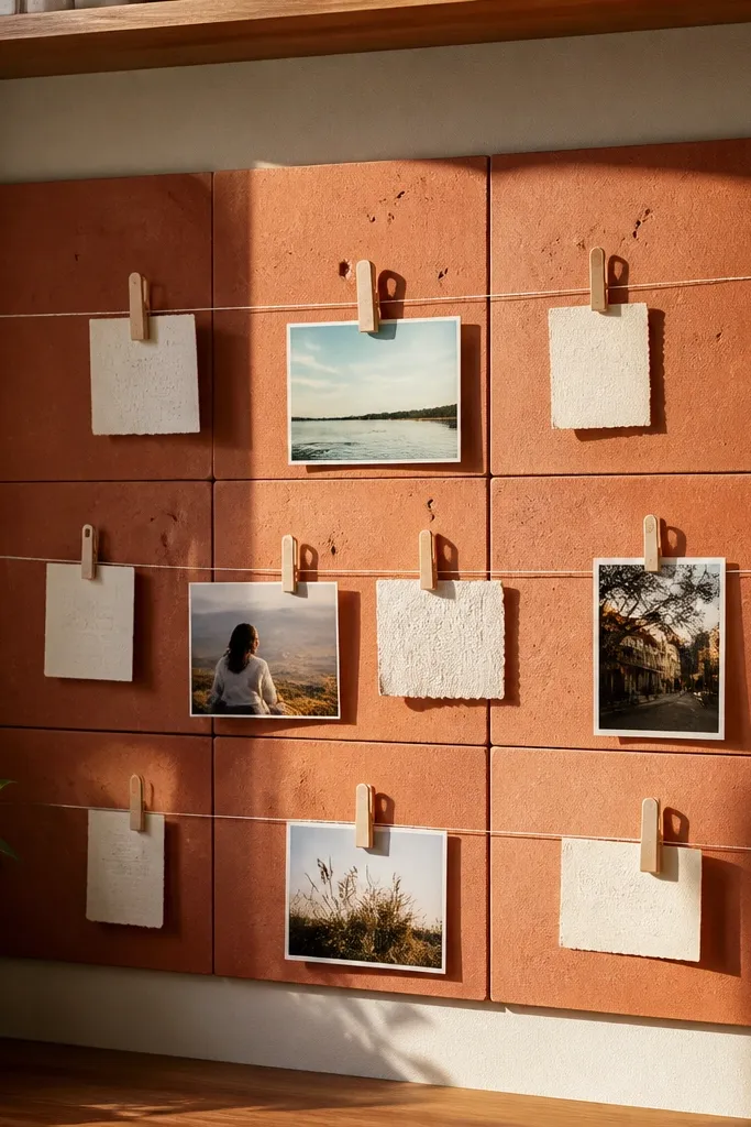 Terracotta tile board with string lines and small clips holding photos and notes