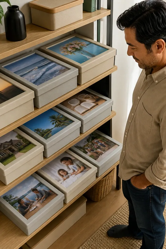 Stacked shoe box lids with photos and labels arranged like a mini display wall