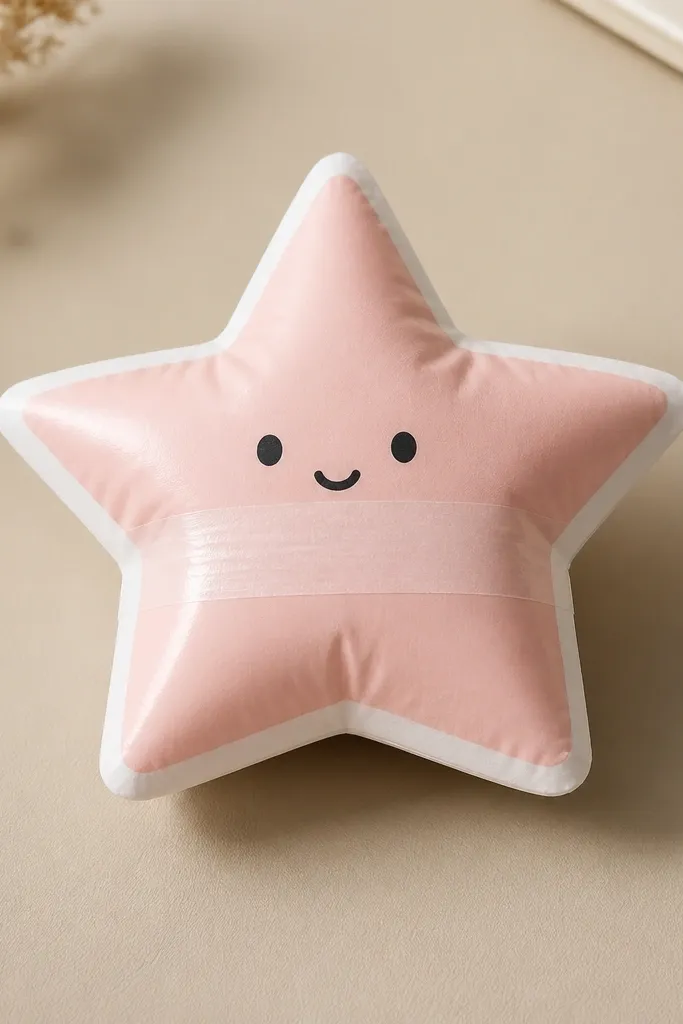 A five-point star squishy made from thick paper, covered in matte clear laminate. The star has a soft blush-pink face with white edges. A horizontal band of clear matte tape is placed where a thumb would press, and the star sits centered on a beige desk mat.