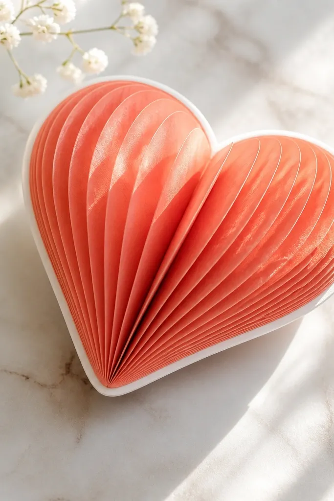A heart-shaped paper squishy with accordion folds along the sides, creating a soft pleated look. The heart is made from warm coral paper, and the pleats are visible. The surface is coated with a thin, slightly satin clear layer. A small white "shadow" border outlines the heart.