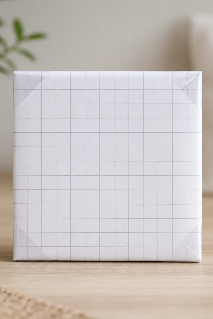 A square paper squishy with a clean grid pattern on the face: thin lines forming small rectangles. The corners are reinforced with narrow strips of clear tape that shine subtly. The squishy sits upright, and the edges look crisp rather than curled.