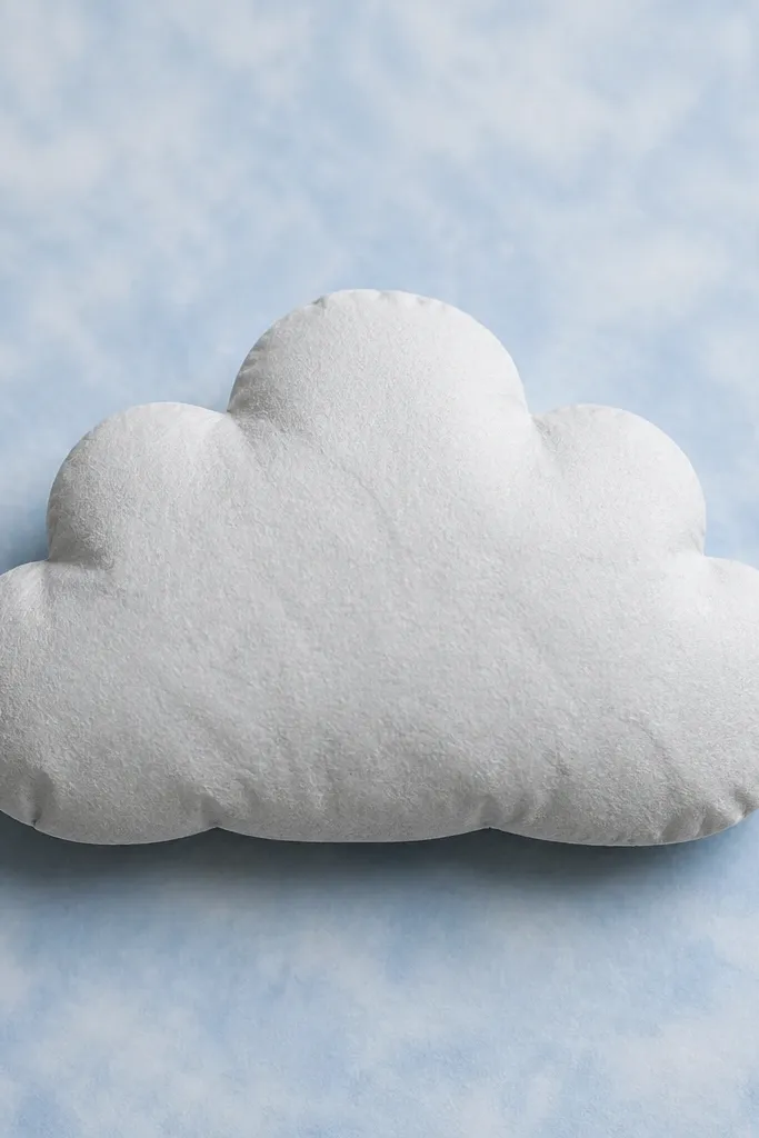 A cloud-shaped paper squishy made from light gray and white paper with an envelope-fold look. The seam is hidden under a flap at the back, so the front looks smooth. The surface is matte and slightly textured. It rests on a cloudy-blue background.