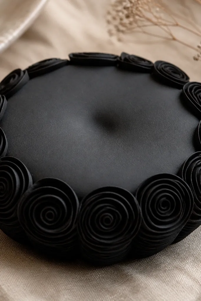 A round squishy with a rose-like petal edge made from rolled paper spirals. The petals are monochrome black and charcoal. The top surface is matte sealed and looks smooth. The center is slightly indented from pressing.
