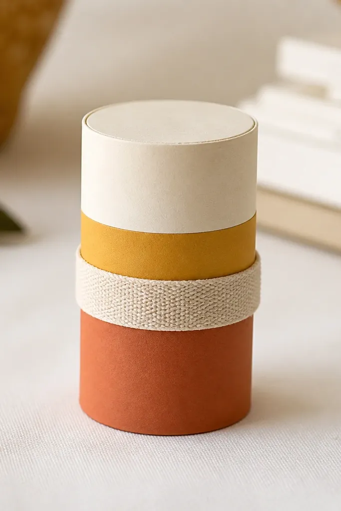 A short rolled cylinder paper squishy with three horizontal color blocks: cream, mustard, and terracotta. A small fabric strap wraps around it like a tiny belly band. The top is matte sealed and the ends are neatly trimmed.