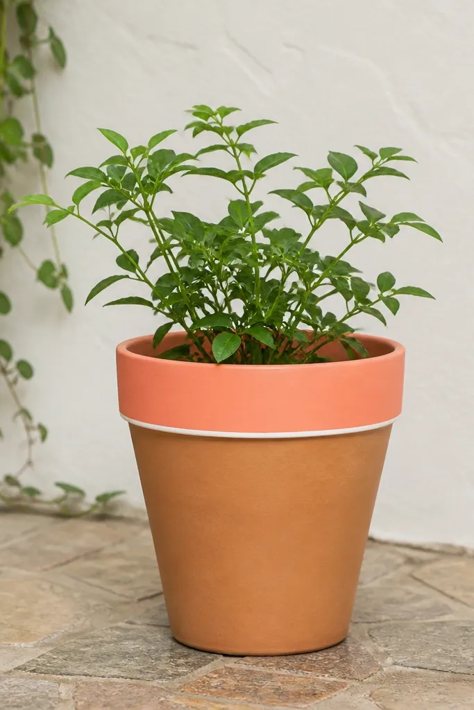 A terracotta pot painted only around the top rim in a smooth matte coral band, with the rest left natural clay. A thin white line separates the coral from the clay, and the pot sits on a patio floor with a small green plant.