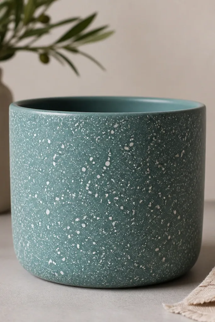 A medium ceramic pot painted chalky teal with irregular white speckles across the sides. The speckles look like a salt-and-pepper pattern, and the rim is left a clean teal with no drips.