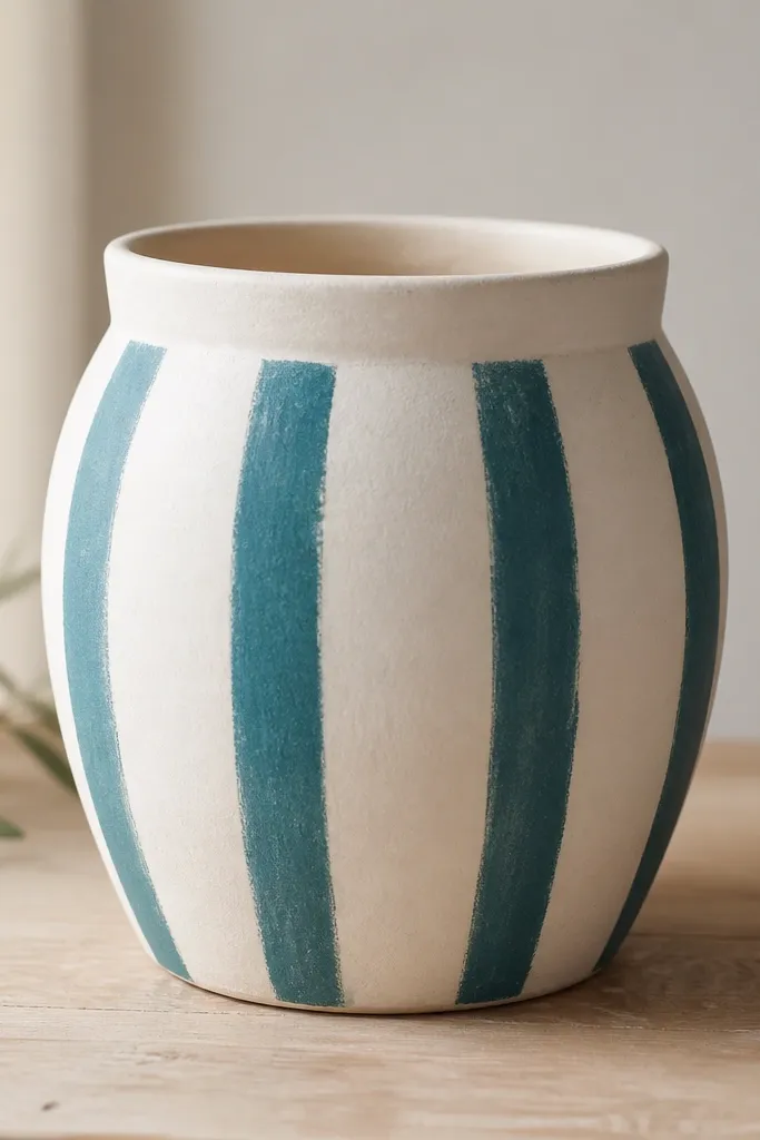 A white pot with four vertical teal stripes. The stripes are straight but not super crisp, and there are faint chalk lines visible around the stripe edges before painting.