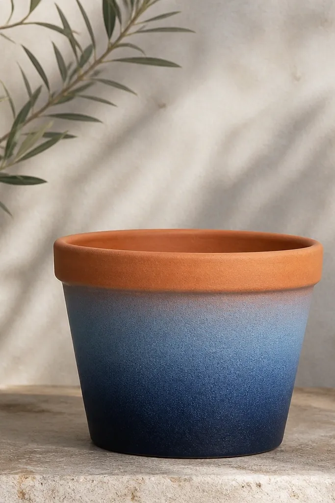 A plain terracotta pot with an ombre effect that transitions from dark navy at the bottom to lighter denim blue halfway up. The transition is soft with no hard line, and the rim stays warm terracotta.