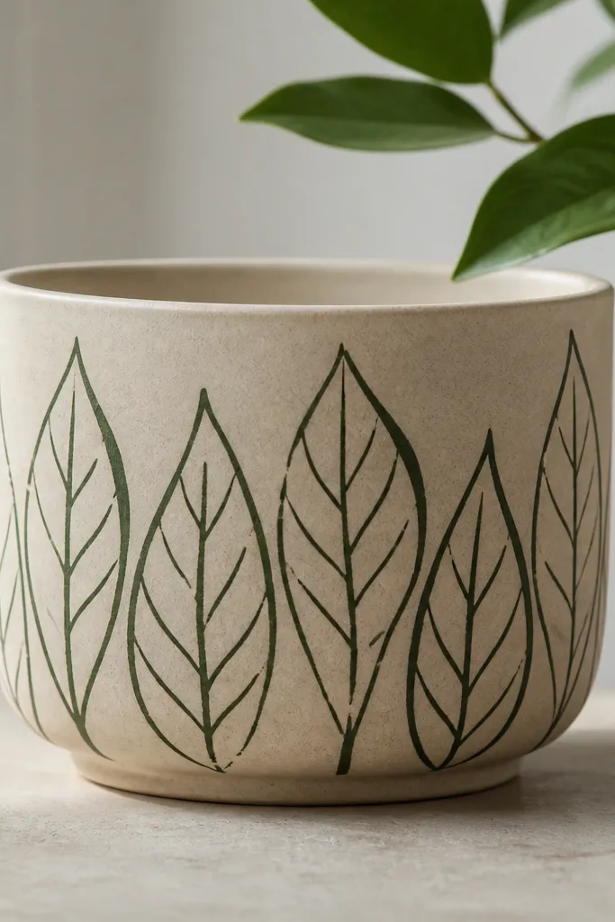 A beige pot with a repeating line-drawn leaf outline in dark green around the sides. The leaves are slightly uneven by hand, with a few thicker lines where the brush pressed.