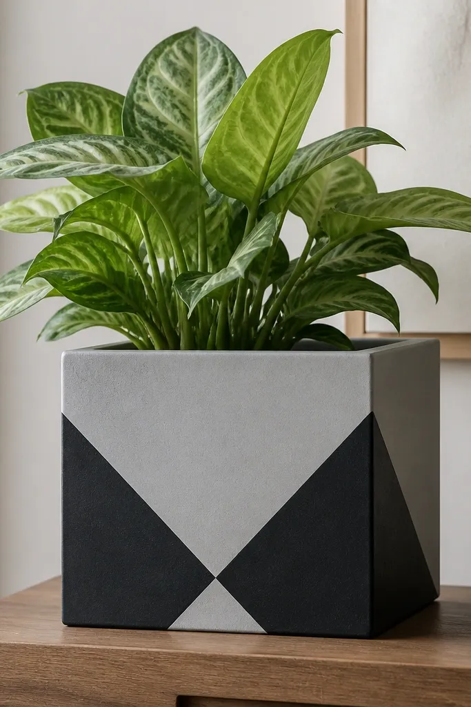 A square-ish planter painted light gray with two diagonal corner shapes in black. The black shapes meet at a clean point near the center, and the rim is gray.