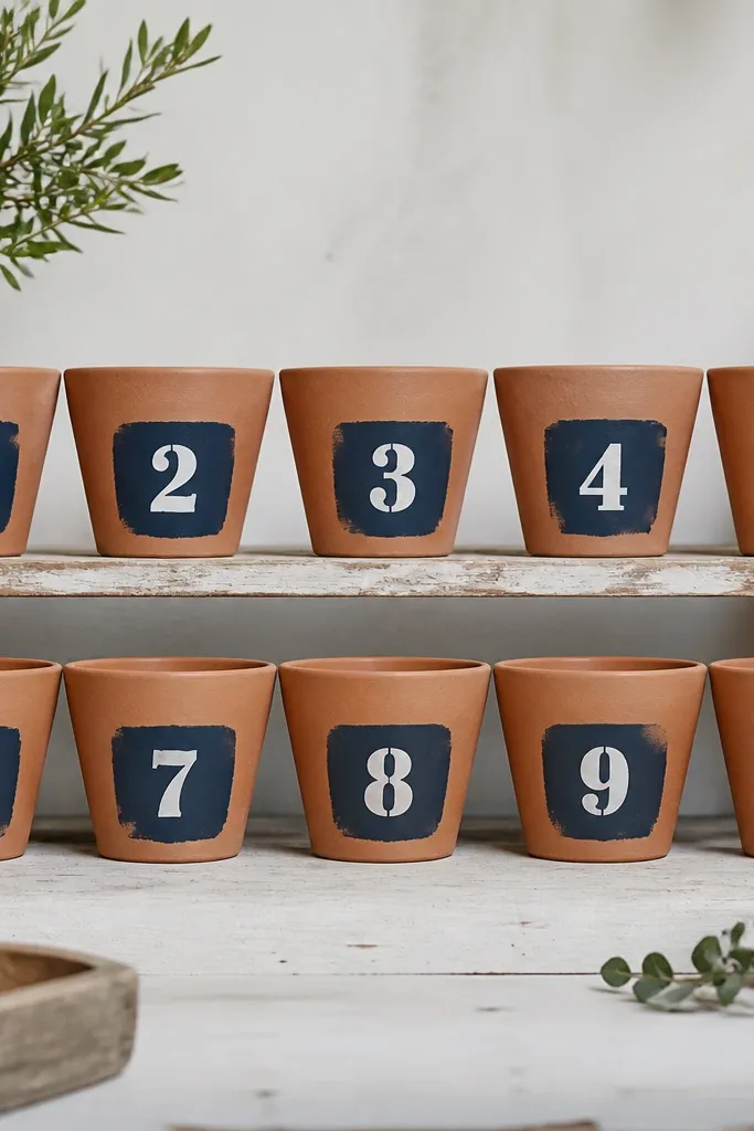 A set of identical pots each with a stenciled white number on a dark navy patch. The numbers are centered on the front, and the rest of the pot is a matte clay color.