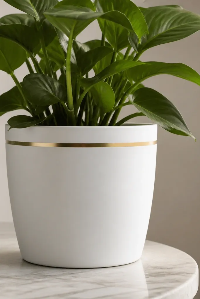 A matte white pot with a thin metallic gold line just under the rim. The line is straight and reflective, and the rest of the pot has a smooth painted finish.