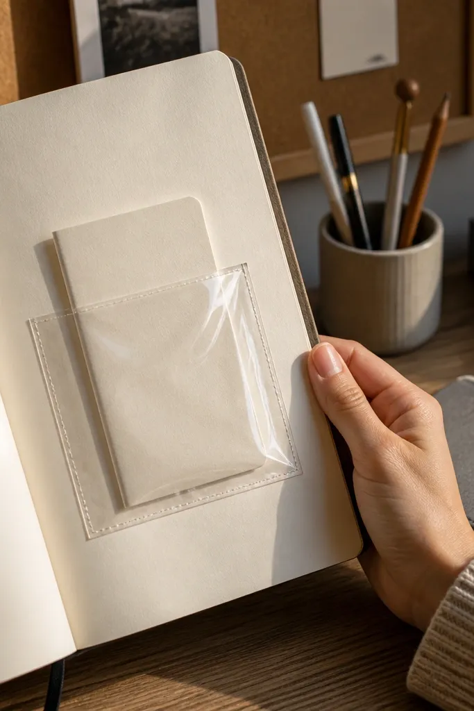 Small paper pocket on a journal page with a ticket-shaped label and folded cards inside.