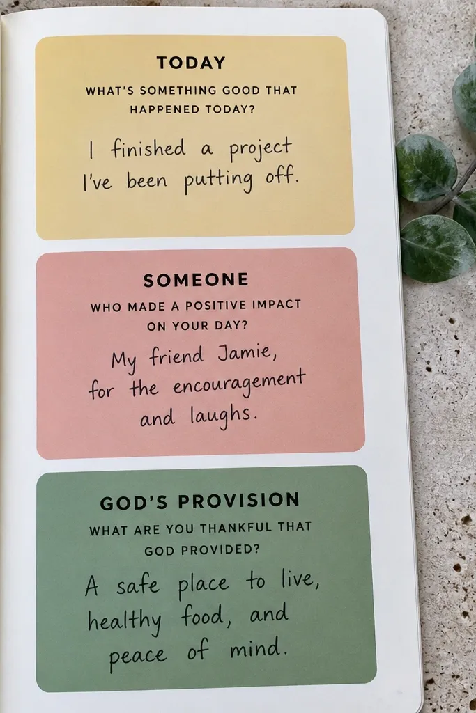 Three color blocks labeled gratitude, each with short handwritten lines inside.