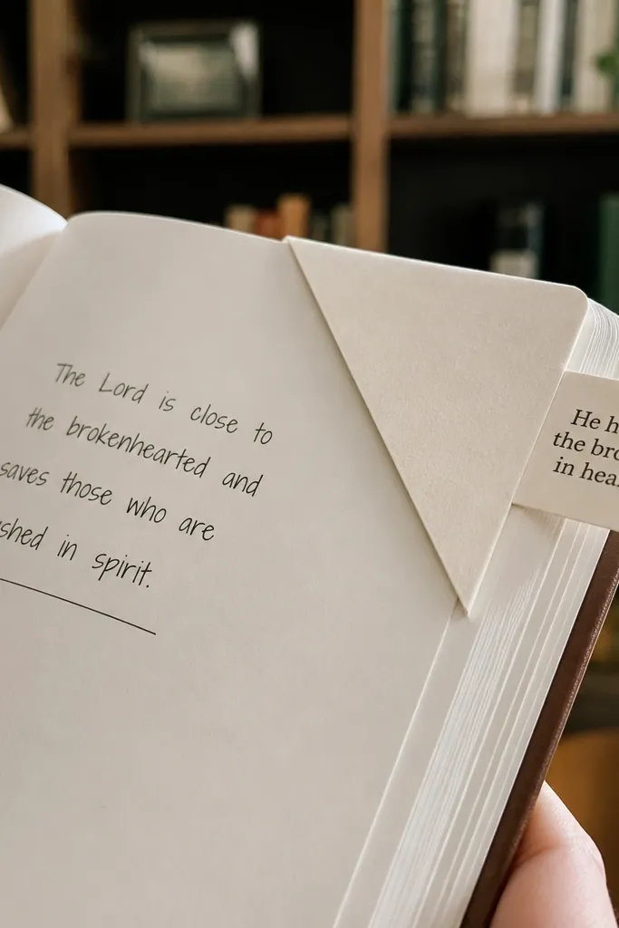 Journal divider tab sticking from the corner with a short verse text printed on it.